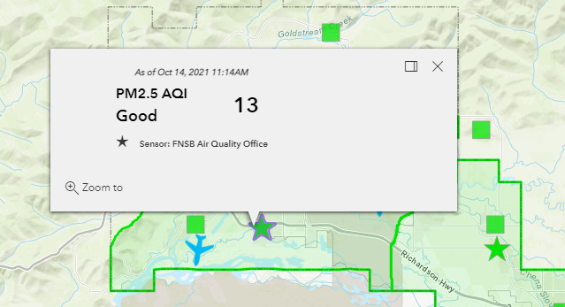 Web map popup showing AQI value.