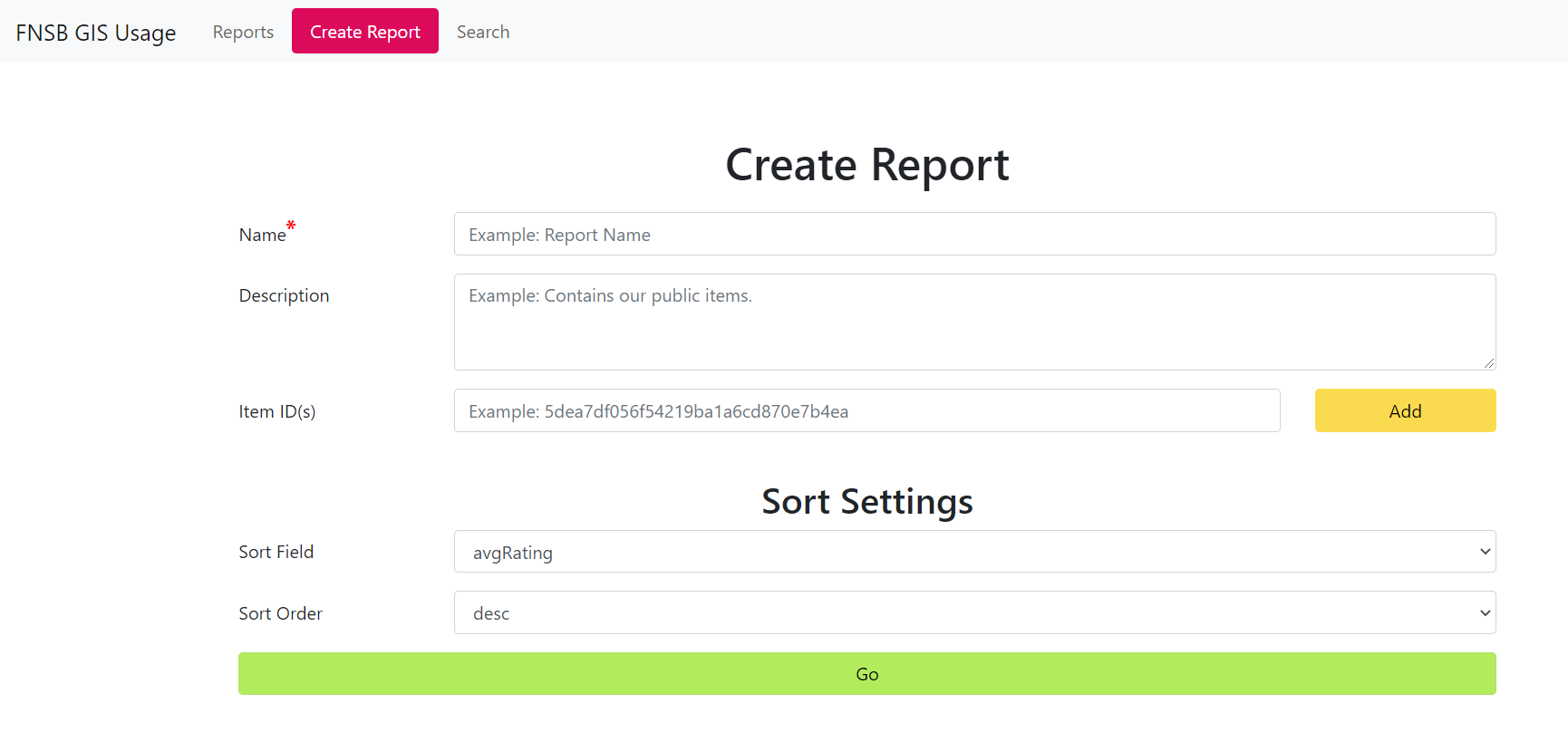 Create Report page