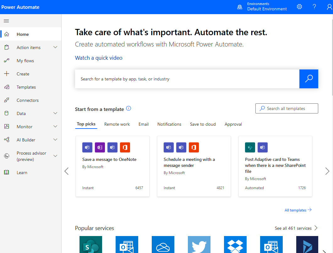 Microsoft Power Automate main page